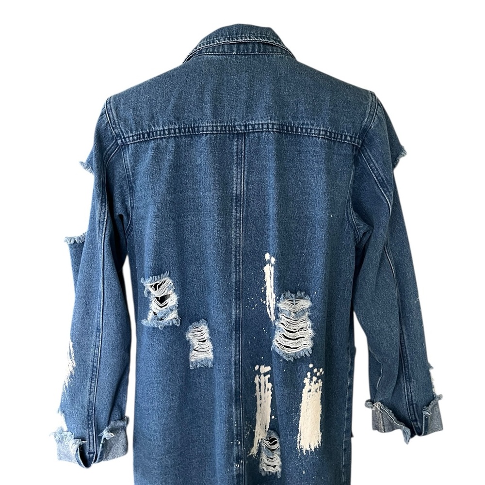 Fashion Nova distressed blue denim duster jacket with white paint splatters - Picture 11 of 13